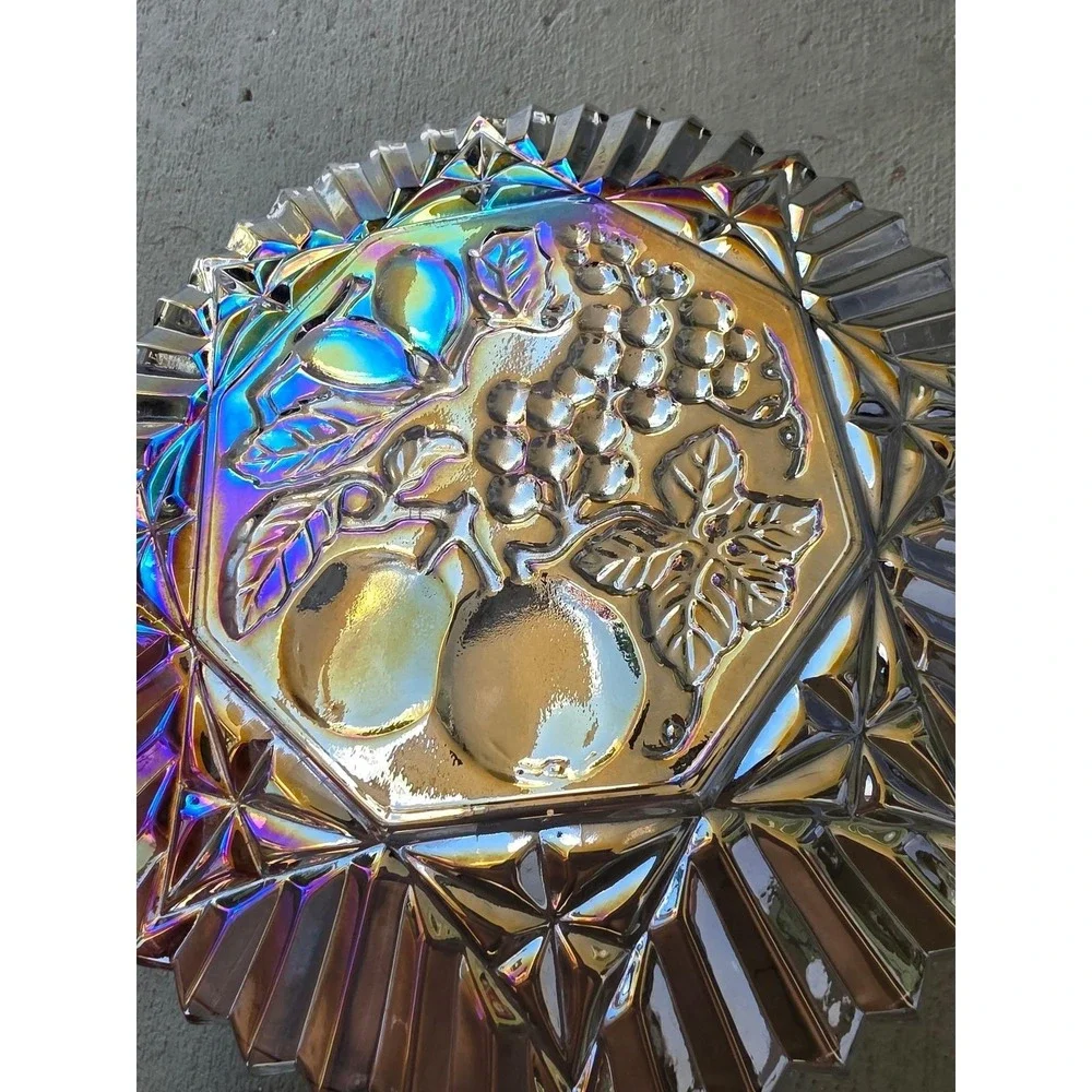 Vintage Carnival Glass Bowl Iridescent Fruit Harvest Grapes Pears 10.5 Inch‎ E3